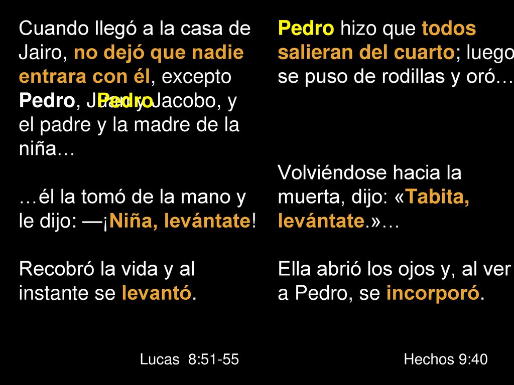 …él la tomó de la mano y le dijo: —¡Niña, levántate!