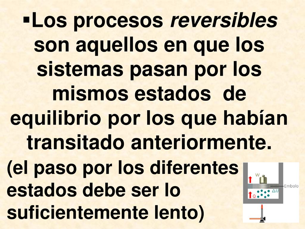 Los procesos reversibles son aquellos en que los sistemas pasan por los mismos estados de equilibrio por los que habían transitado anteriormente.