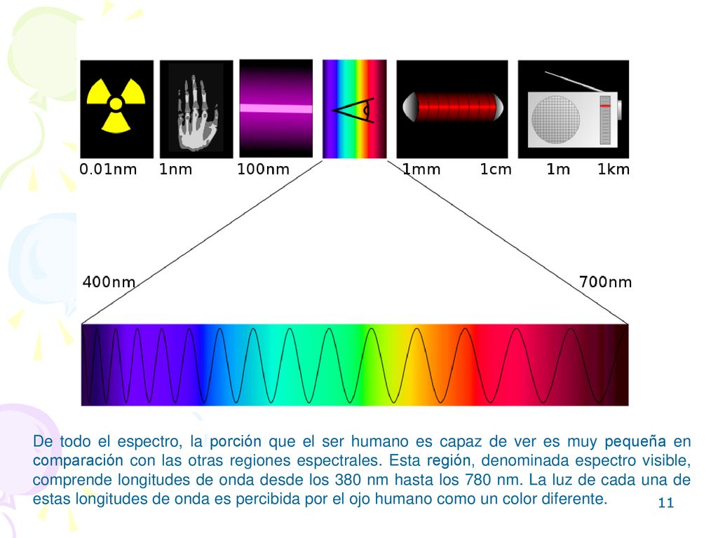 De todo el espectro, la porción que el ser humano es capaz de ver es muy pequeña en comparación con las otras regiones espectrales.