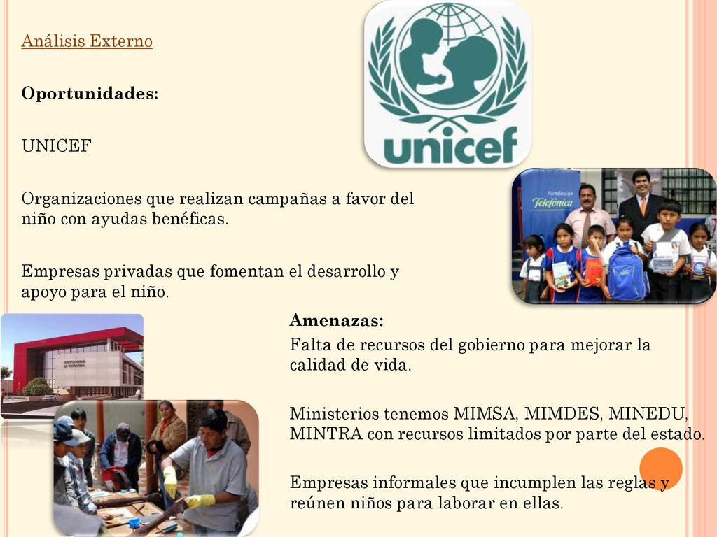 Análisis Externo Oportunidades: UNICEF. Organizaciones que realizan campañas a favor del niño con ayudas benéficas.