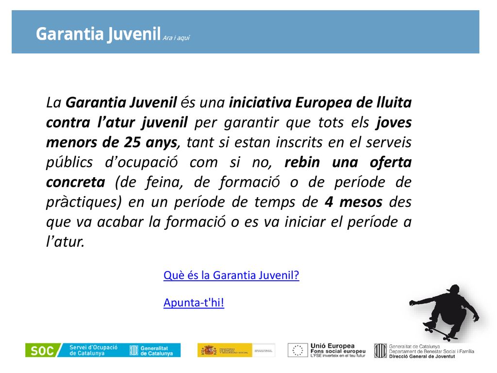 La Garantia Juvenil és una iniciativa Europea de lluita contra l’atur juvenil per garantir que tots els joves menors de 25 anys, tant si estan inscrits en el serveis públics d’ocupació com si no, rebin una oferta concreta (de feina, de formació o de període de pràctiques) en un període de temps de 4 mesos des que va acabar la formació o es va iniciar el període a l’atur.