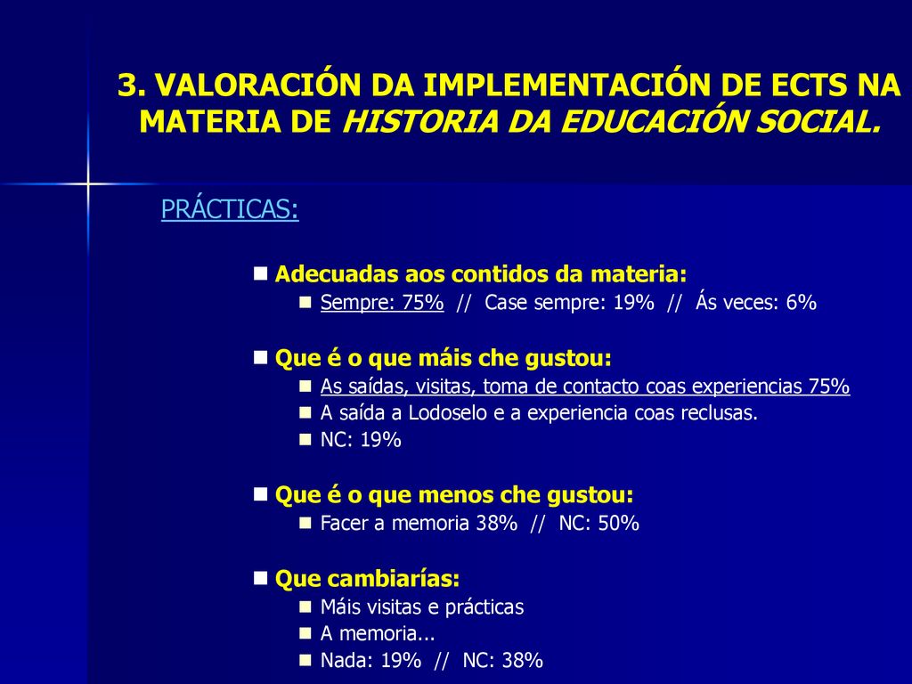 3. VALORACIÓN DA IMPLEMENTACIÓN DE ECTS NA MATERIA DE HISTORIA DA EDUCACIÓN SOCIAL.