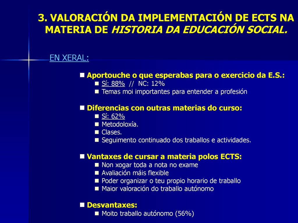 3. VALORACIÓN DA IMPLEMENTACIÓN DE ECTS NA MATERIA DE HISTORIA DA EDUCACIÓN SOCIAL.