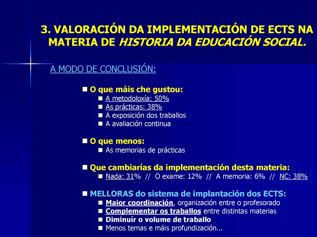 3. VALORACIÓN DA IMPLEMENTACIÓN DE ECTS NA MATERIA DE HISTORIA DA EDUCACIÓN SOCIAL.