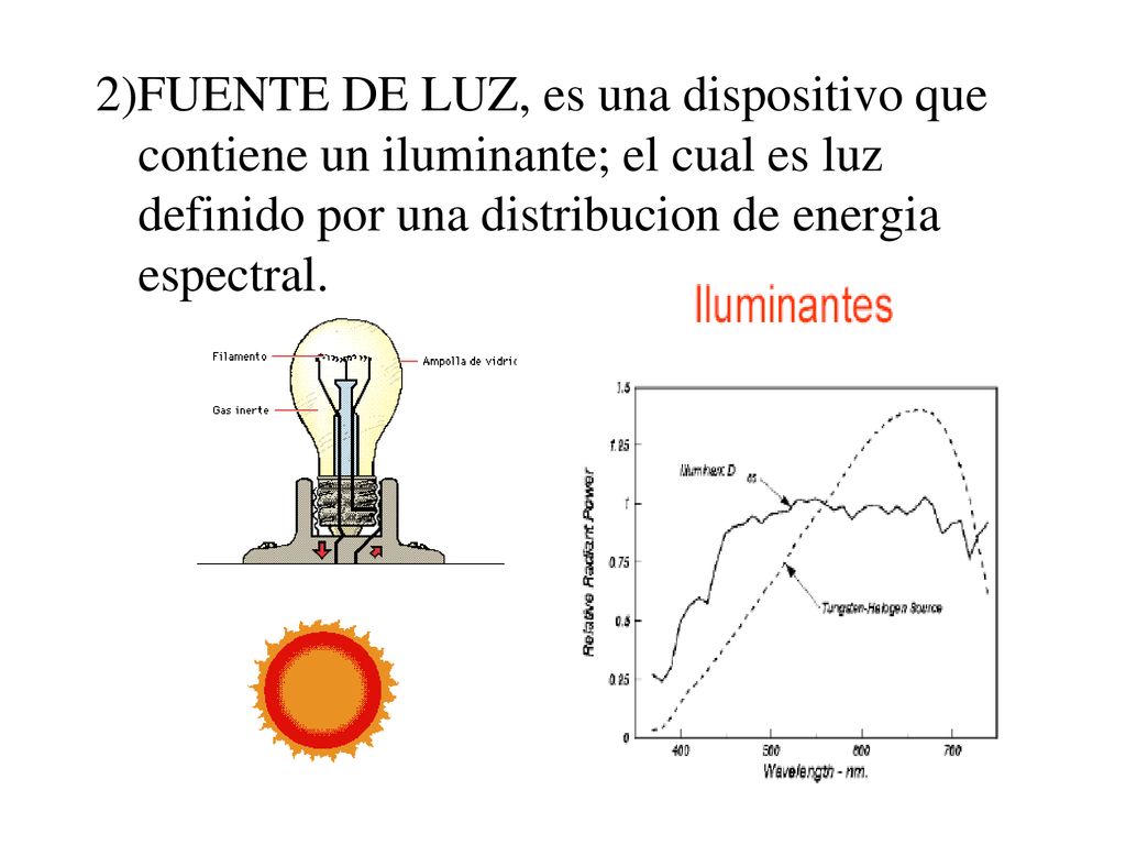 2)FUENTE DE LUZ, es una dispositivo que contiene un iluminante; el cual es luz definido por una distribucion de energia espectral.