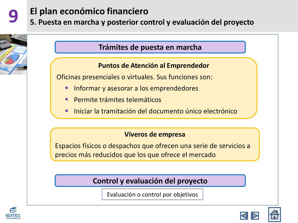 9 El plan económico financiero 5. Puesta en marcha y posterior control y evaluación del proyecto. Trámites de puesta en marcha.