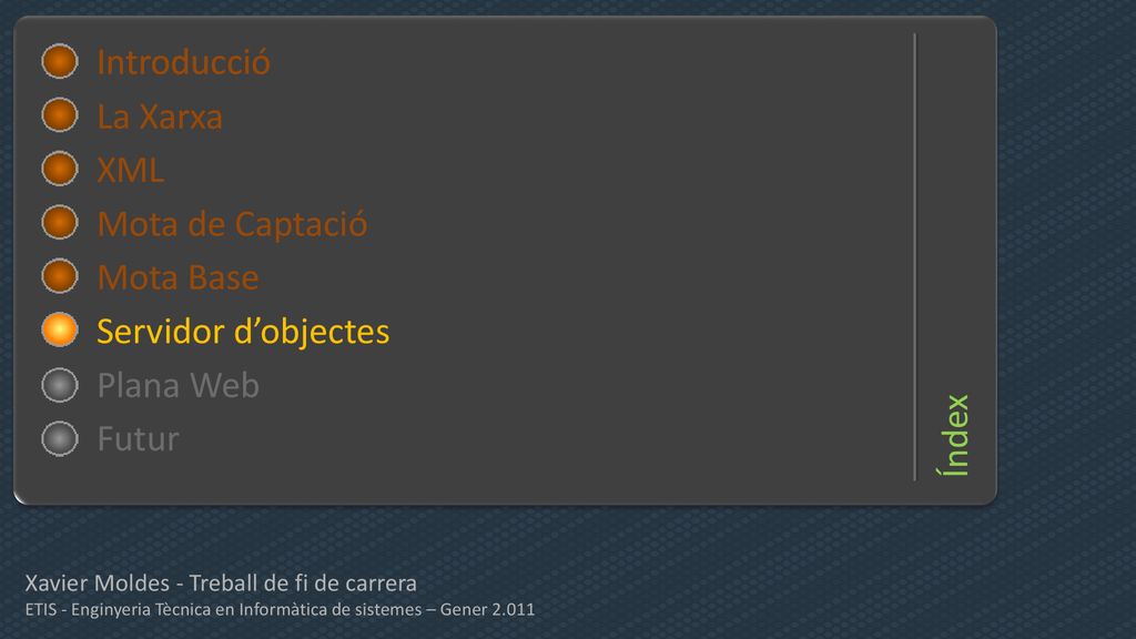 Índex Introducció Introducció La Xarxa XML Mota de Captació Mota Base
