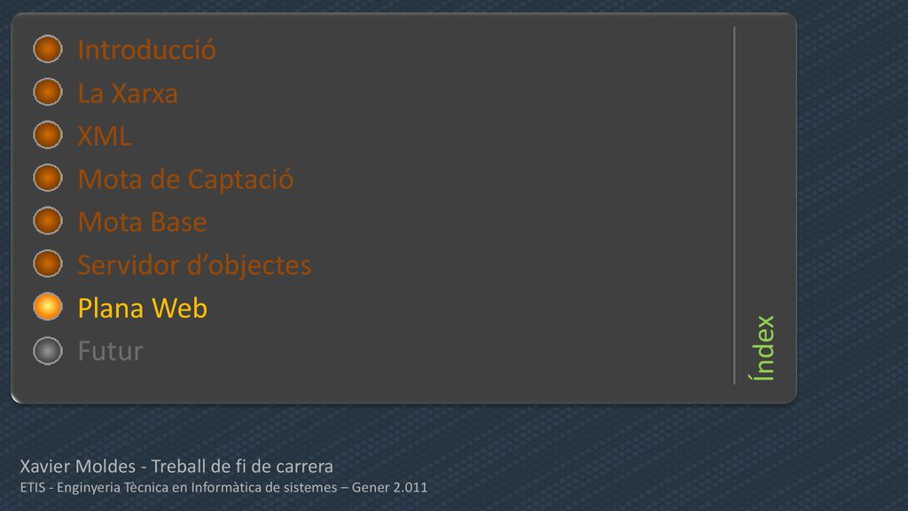 Índex Introducció Introducció La Xarxa XML Mota de Captació Mota Base