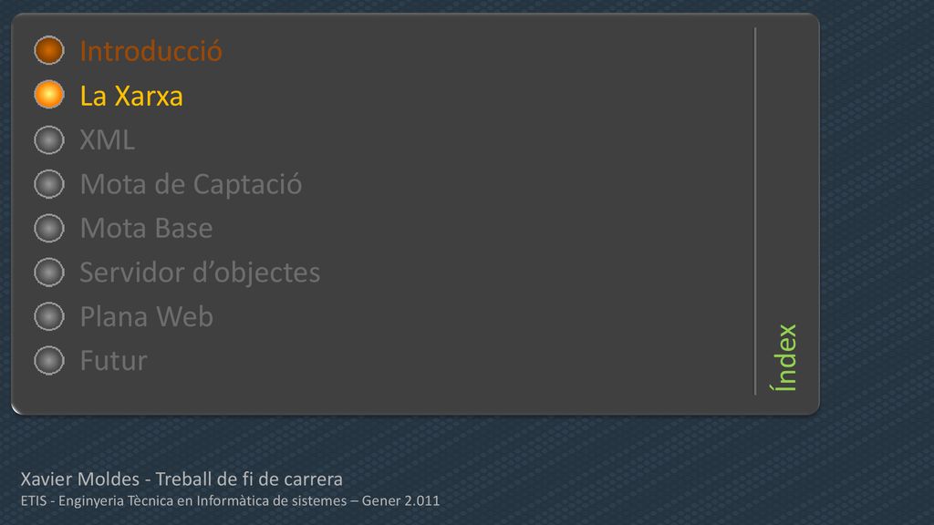 Índex Introducció Introducció La Xarxa XML Mota de Captació Mota Base