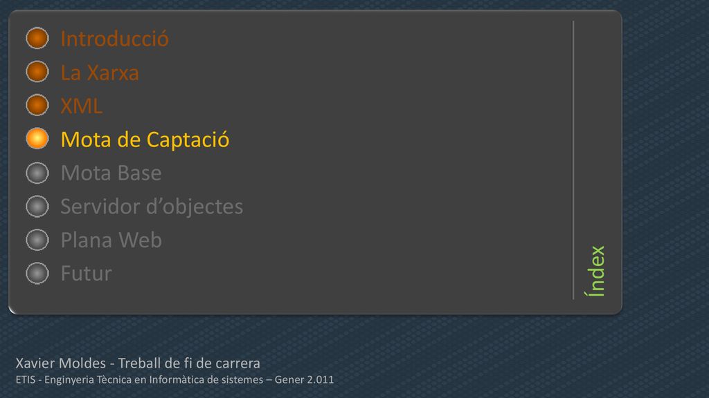 Índex Introducció Introducció La Xarxa XML Mota de Captació Mota Base