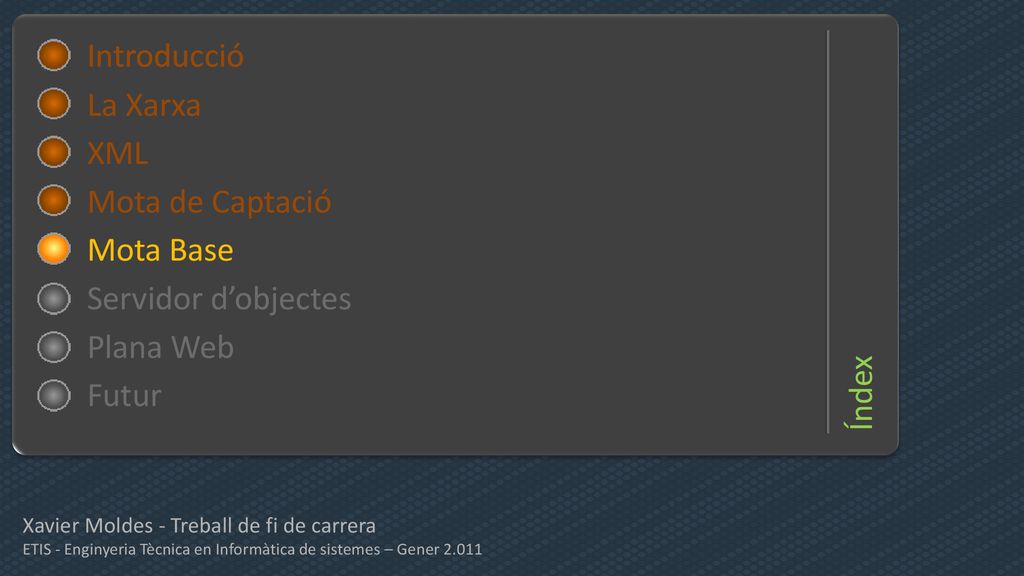 Índex Introducció Introducció La Xarxa XML Mota de Captació Mota Base