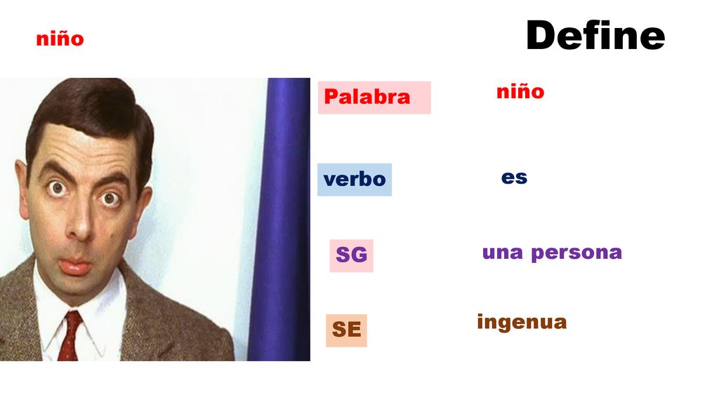 Define niño niño Palabra verbo es SG una persona ingenua SE