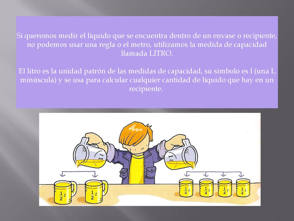 Si queremos medir el líquido que se encuentra dentro de un envase o recipiente, no podemos usar una regla o el metro, utilizamos la medida de capacidad llamada LITRO.