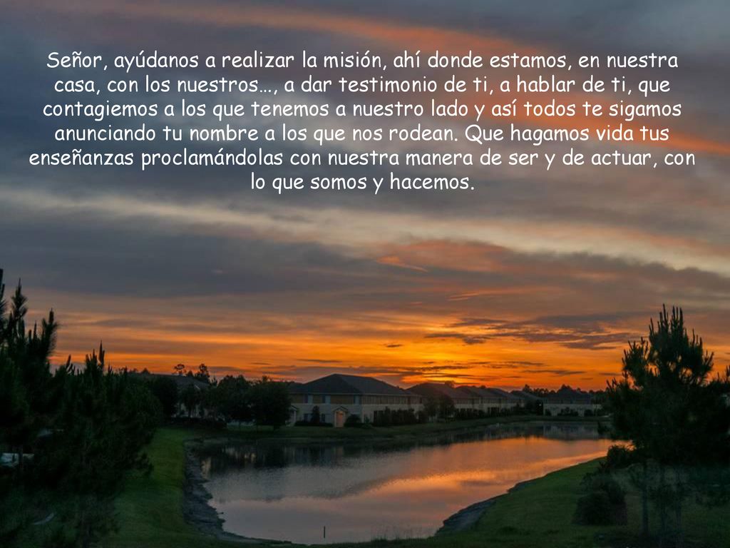 Señor, ayúdanos a realizar la misión, ahí donde estamos, en nuestra casa, con los nuestros…, a dar testimonio de ti, a hablar de ti, que contagiemos a los que tenemos a nuestro lado y así todos te sigamos anunciando tu nombre a los que nos rodean.
