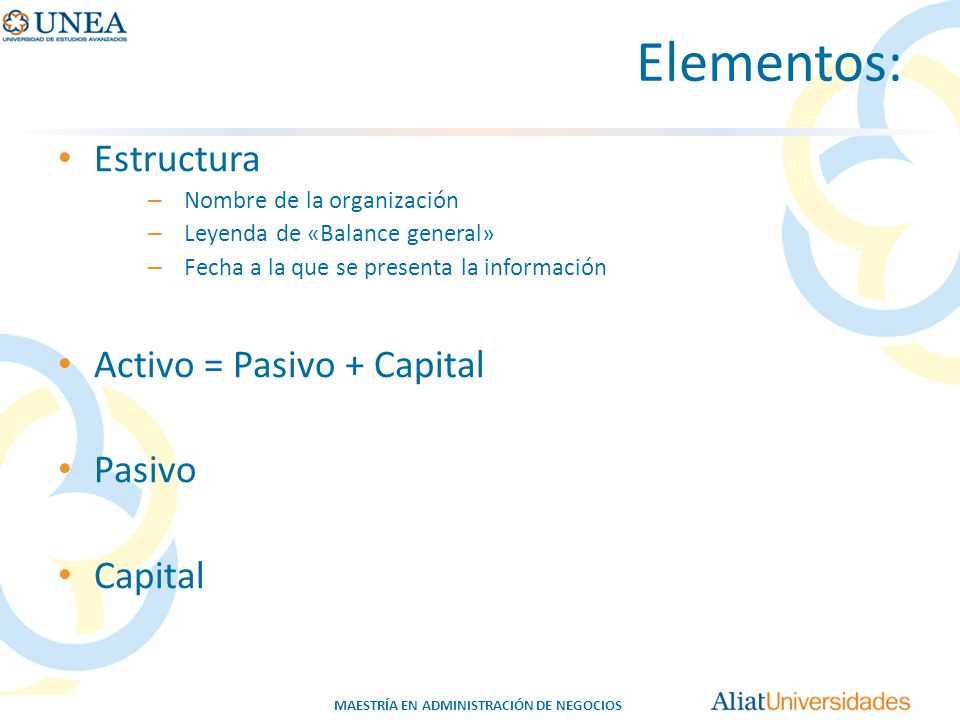 Elementos: Estructura Activo = Pasivo + Capital Pasivo Capital