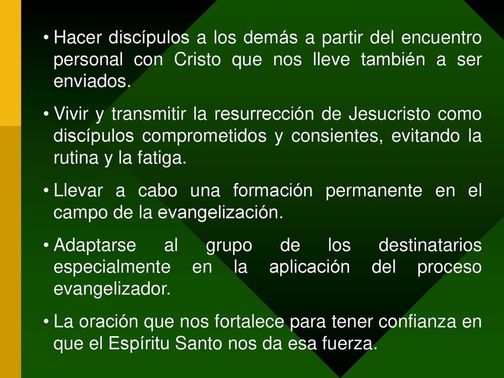 Hacer discípulos a los demás a partir del encuentro personal con Cristo que nos lleve también a ser enviados.