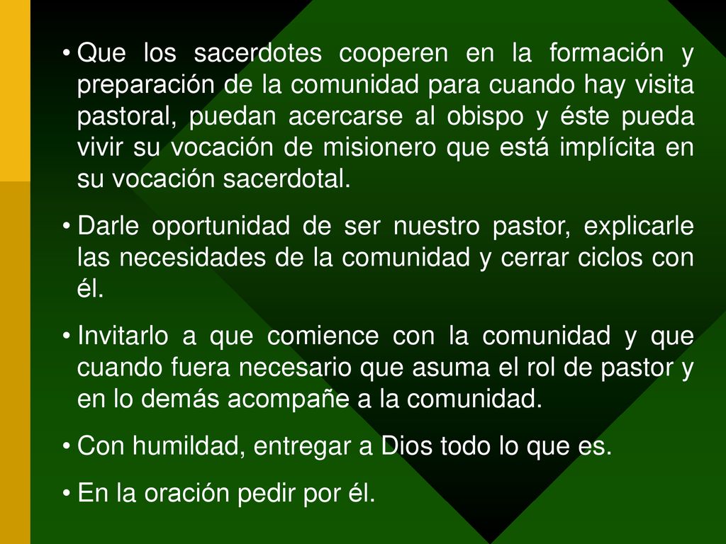 Que los sacerdotes cooperen en la formación y preparación de la comunidad para cuando hay visita pastoral, puedan acercarse al obispo y éste pueda vivir su vocación de misionero que está implícita en su vocación sacerdotal.