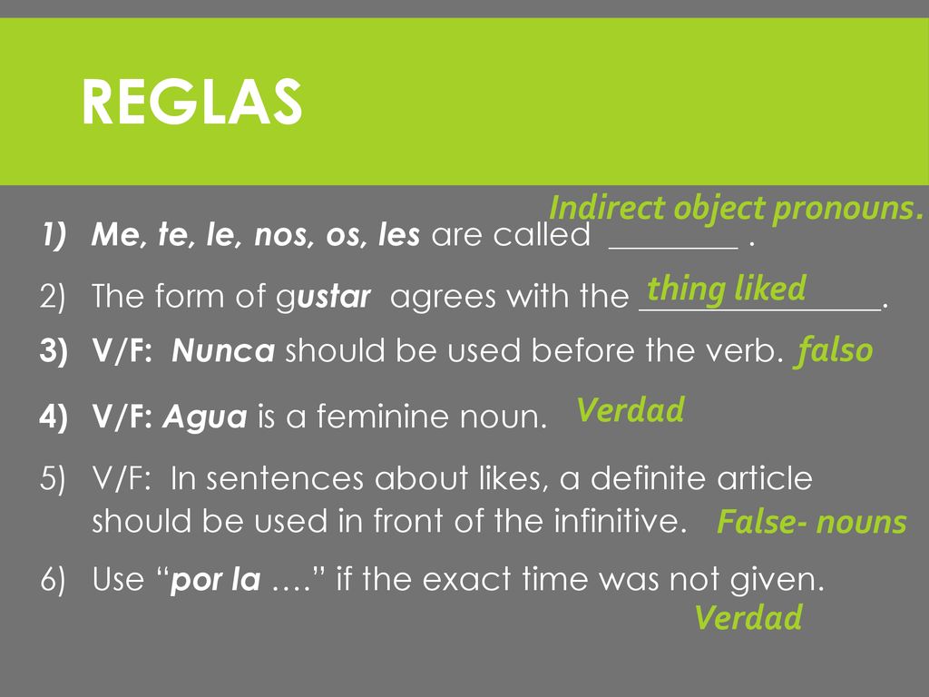 REGLAS Indirect object pronouns. thing liked falso Verdad False- nouns