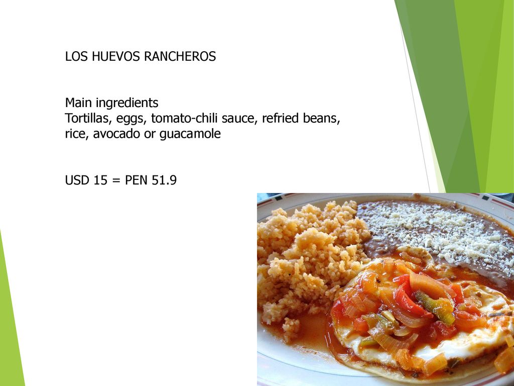 LOS HUEVOS RANCHEROS Main ingredients. Tortillas, eggs, tomato-chili sauce, refried beans, rice, avocado or guacamole.