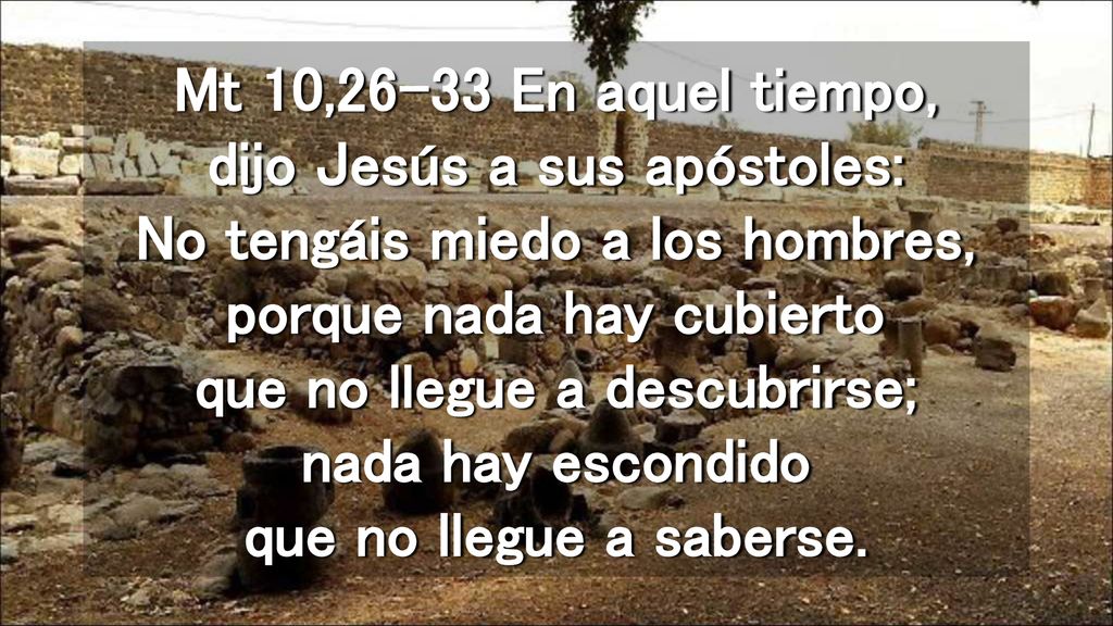 Mt 10,26-33 En aquel tiempo, dijo Jesús a sus apóstoles: No tengáis miedo a los hombres, porque nada hay cubierto que no llegue a descubrirse; nada hay escondido que no llegue a saberse.