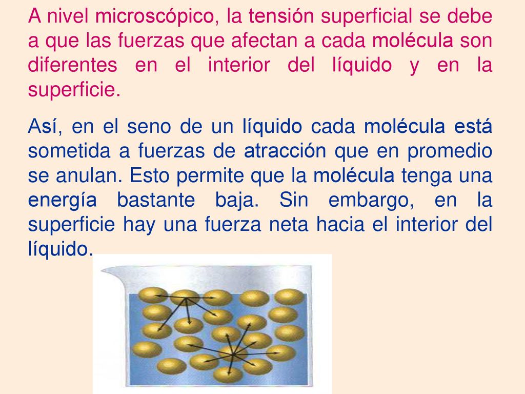 A nivel microscópico, la tensión superficial se debe a que las fuerzas que afectan a cada molécula son diferentes en el interior del líquido y en la superficie.