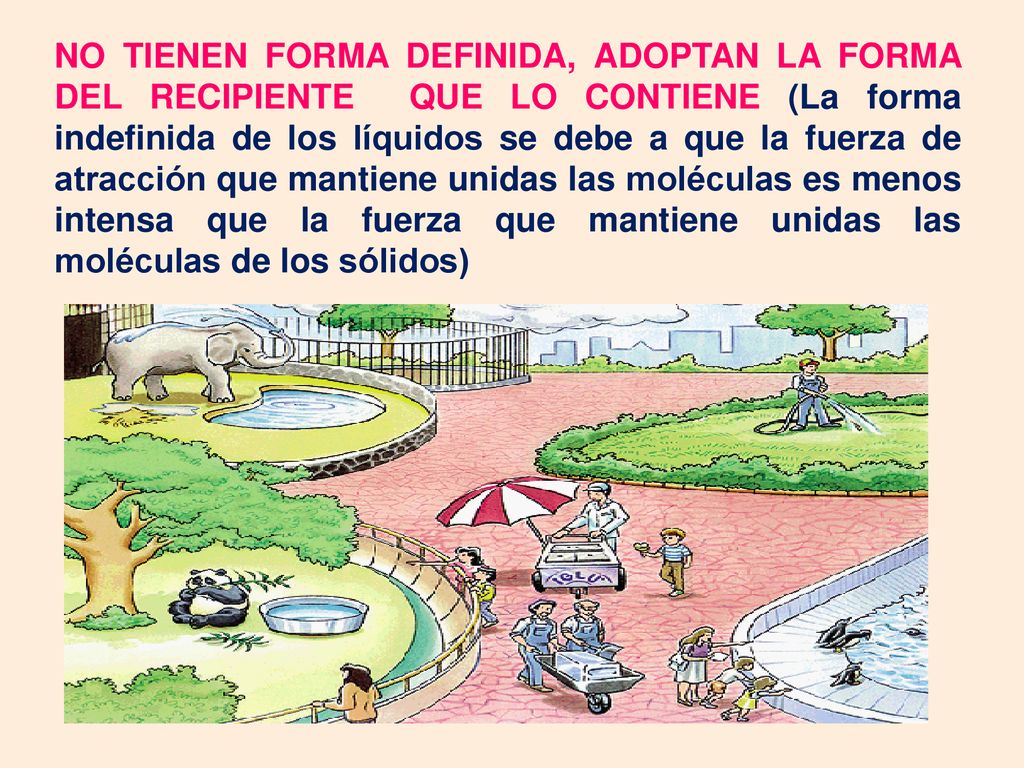 NO TIENEN FORMA DEFINIDA, ADOPTAN LA FORMA DEL RECIPIENTE QUE LO CONTIENE (La forma indefinida de los líquidos se debe a que la fuerza de atracción que mantiene unidas las moléculas es menos intensa que la fuerza que mantiene unidas las moléculas de los sólidos)