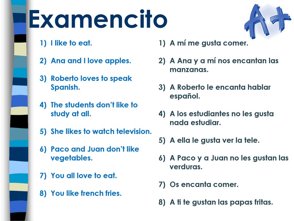 Examencito I like to eat. Ana and I love apples.