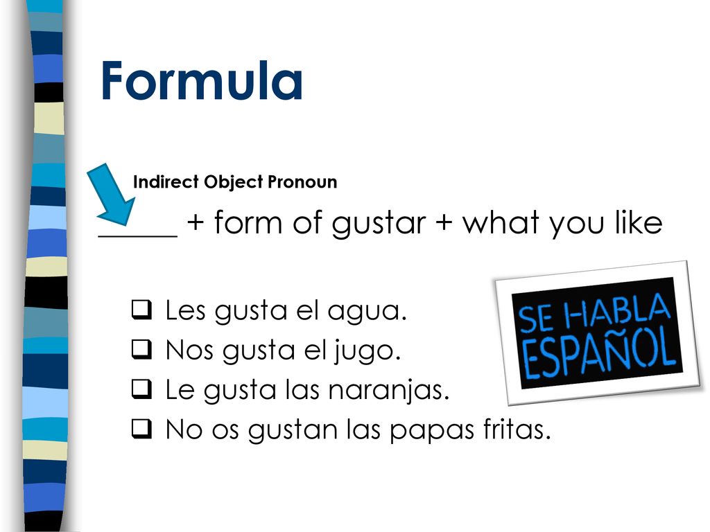 Formula Indirect Object Pronoun _____ + form of gustar + what you like