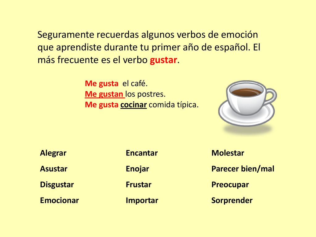 Seguramente recuerdas algunos verbos de emoción que aprendiste durante tu primer año de español. El más frecuente es el verbo gustar.