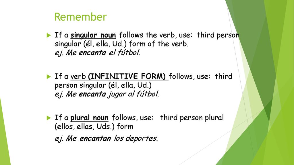 Remember If a singular noun follows the verb, use: third person singular (él, ella, Ud.) form of the verb. ej. Me encanta el fútbol.