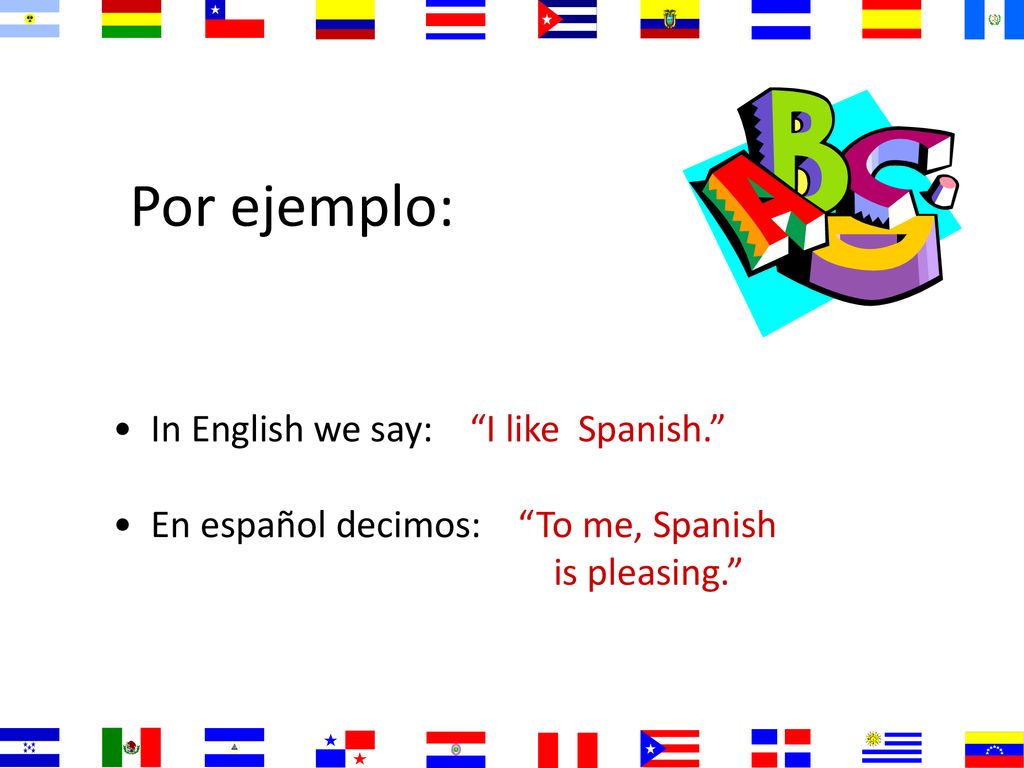 Por ejemplo: In English we say: I like Spanish.