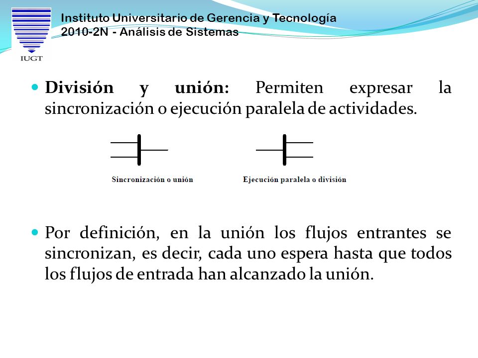 División y unión: Permiten expresar la sincronización o ejecución paralela de actividades.