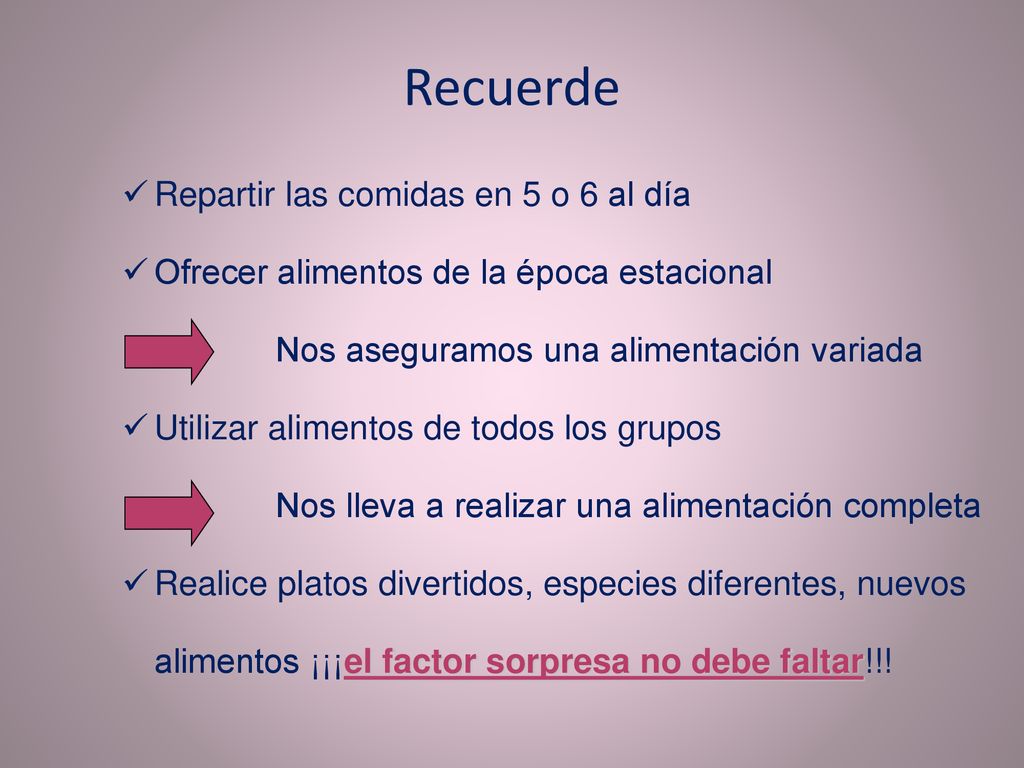 Recuerde Repartir las comidas en 5 o 6 al día
