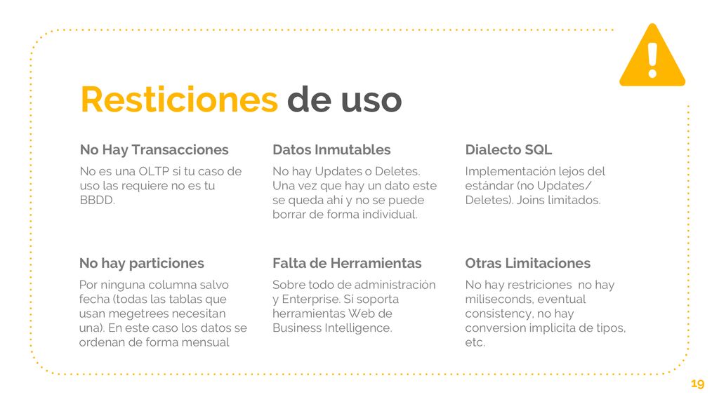 Resticiones de uso No Hay Transacciones Datos Inmutables Dialecto SQL