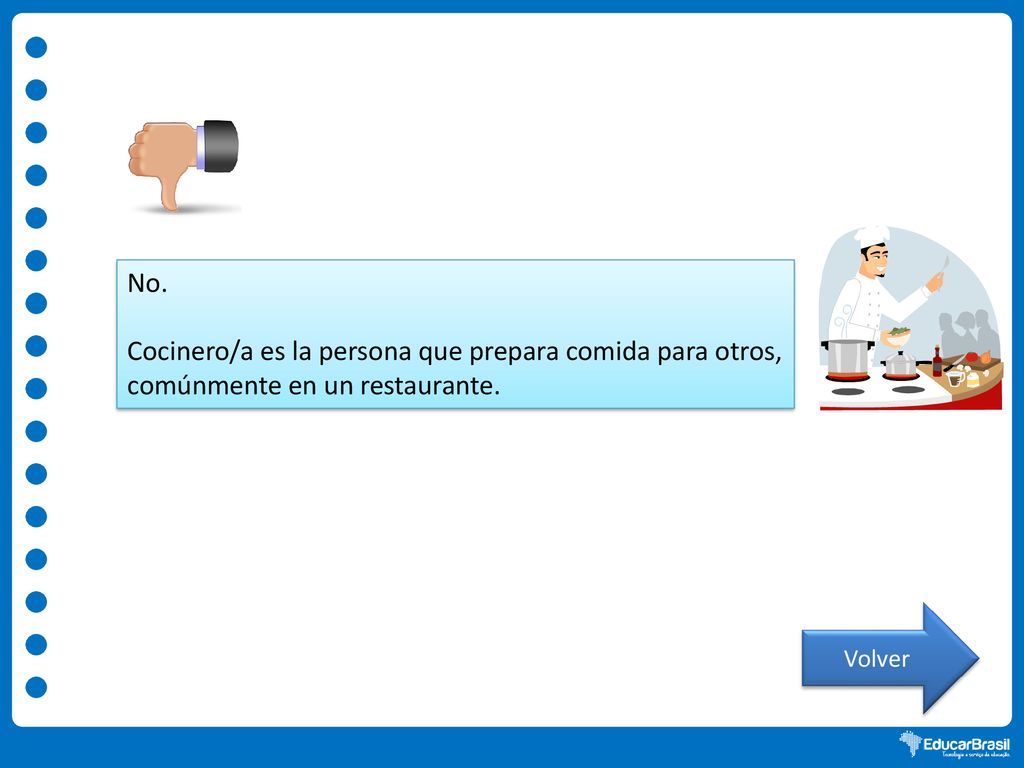 No. Cocinero/a es la persona que prepara comida para otros, comúnmente en un restaurante. Volver
