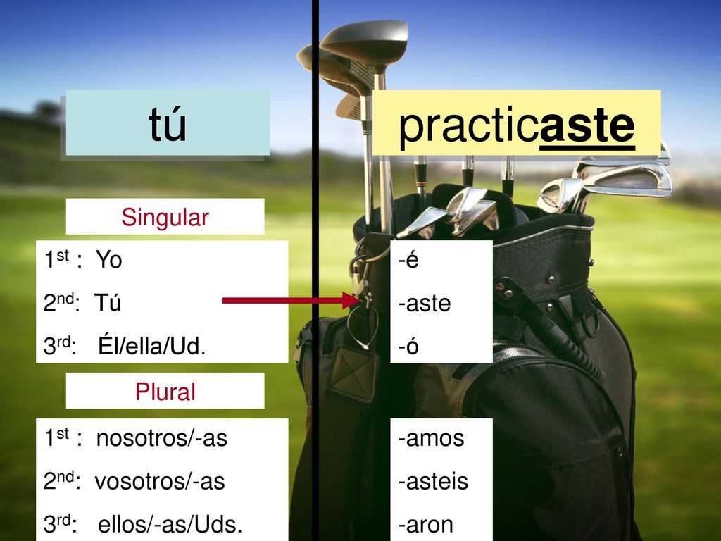tú practicaste Singular 1st : Yo 2nd: Tú 3rd: Él/ella/Ud. -é -aste -ó