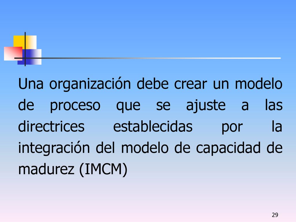 Una organización debe crear un modelo de proceso que se ajuste a las directrices establecidas por la integración del modelo de capacidad de madurez (IMCM)