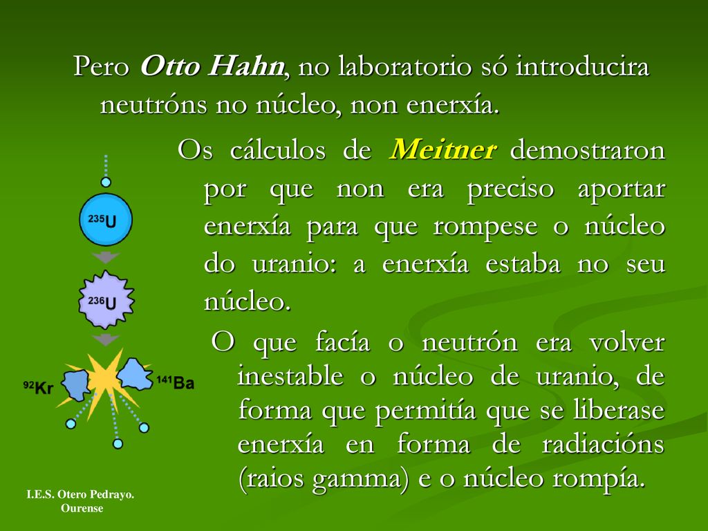 Pero Otto Hahn, no laboratorio só introducira neutróns no núcleo, non enerxía.