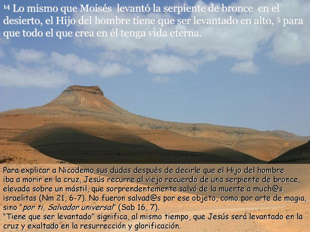 14 Lo mismo que Moisés levantó la serpiente de bronce en el desierto, el Hijo del hombre tiene que ser levantado en alto, 5 para que todo el que crea en él tenga vida eterna.