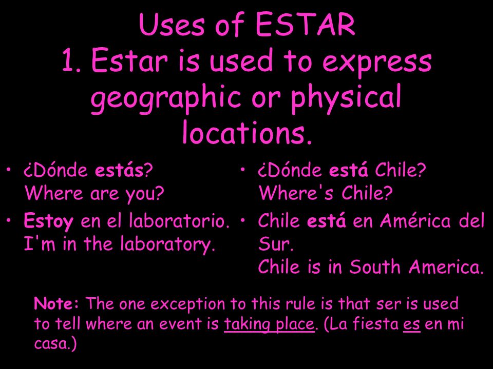 Uses of ESTAR 1. Estar is used to express geographic or physical locations.