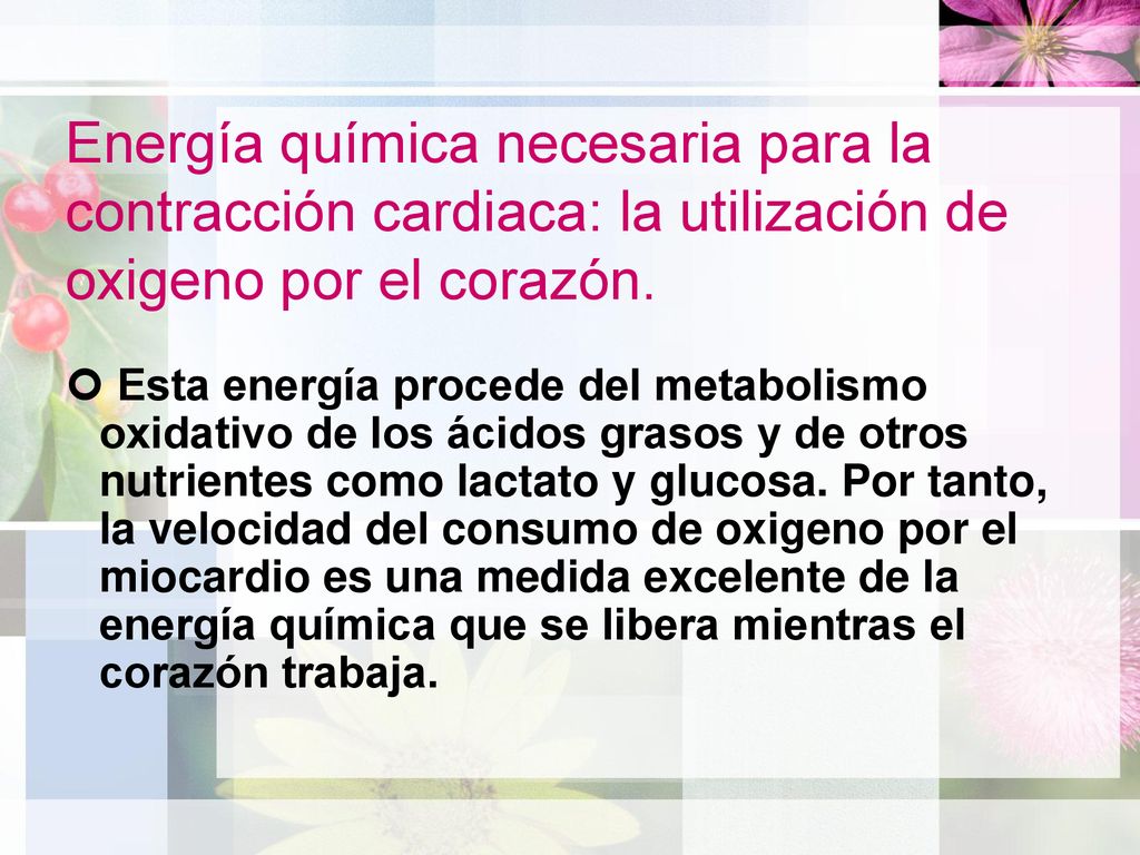 Energía química necesaria para la contracción cardiaca: la utilización de oxigeno por el corazón.