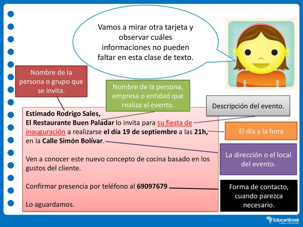 Vamos a mirar otra tarjeta y observar cuáles informaciones no pueden faltar en esta clase de texto.