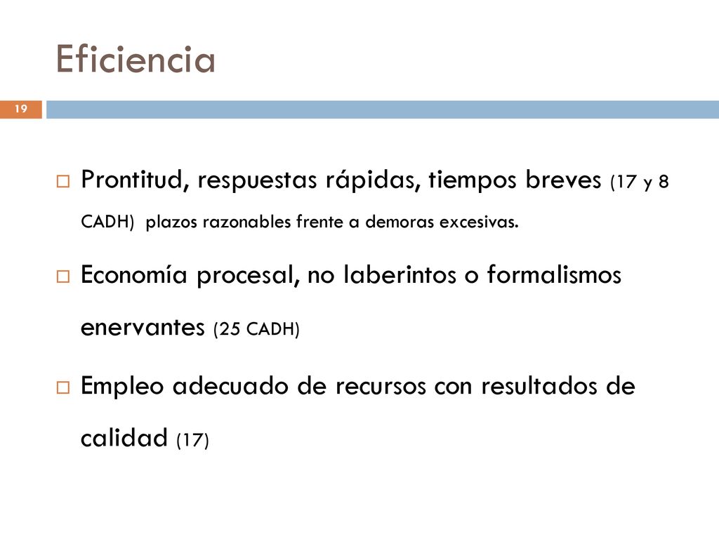 Eficiencia Prontitud, respuestas rápidas, tiempos breves (17 y 8 CADH) plazos razonables frente a demoras excesivas.