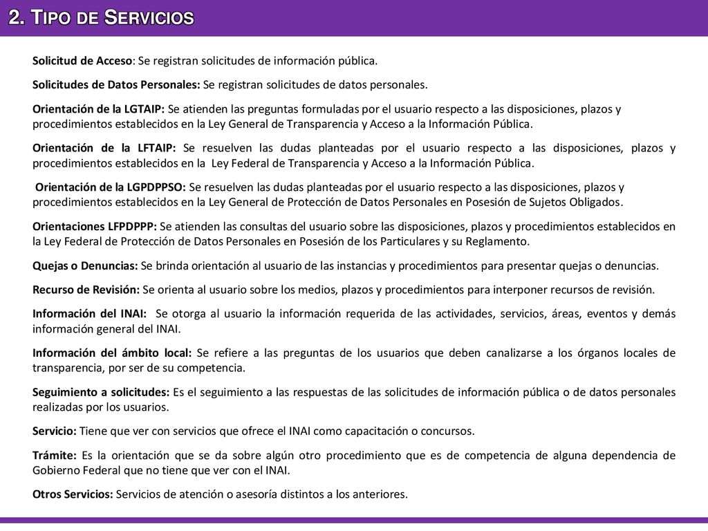 2. Tipo de Servicios Solicitud de Acceso: Se registran solicitudes de información pública.