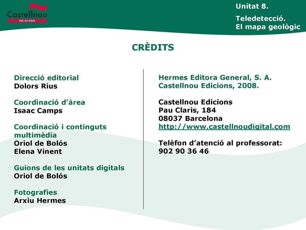 CRÈDITS Unitat 8. Teledetecció. El mapa geològic Direcció editorial