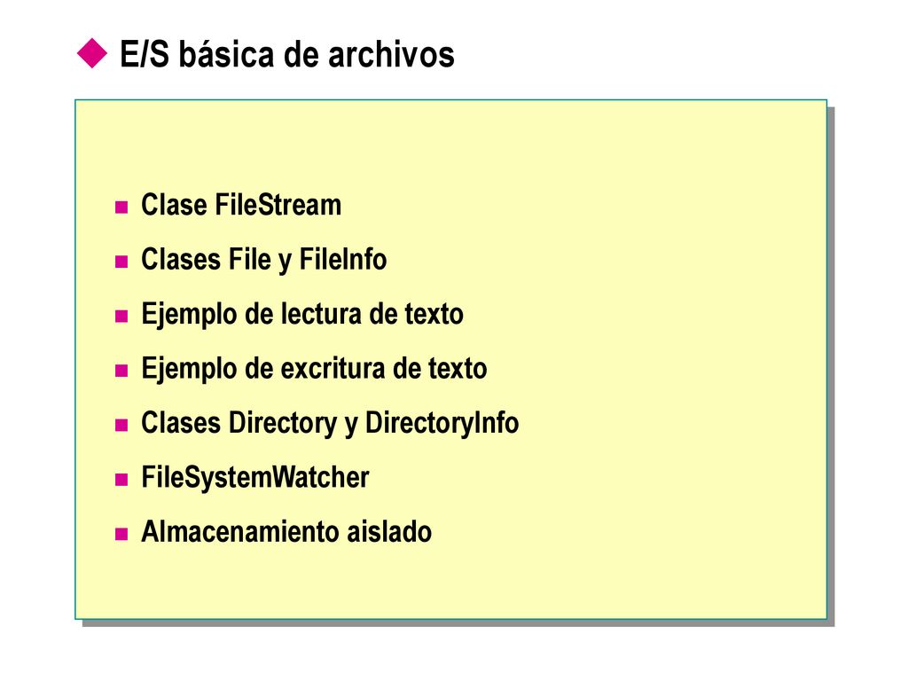 E/S básica de archivos Clase FileStream Clases File y FileInfo