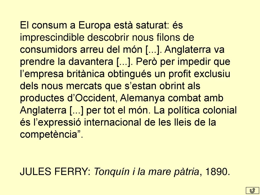 El consum a Europa està saturat: és imprescindible descobrir nous filons de consumidors arreu del món [...]. Anglaterra va prendre la davantera [...]. Però per impedir que l’empresa britànica obtingués un profit exclusiu dels nous mercats que s’estan obrint als productes d’Occident, Alemanya combat amb Anglaterra [...] per tot el món. La política colonial és l’expressió internacional de les lleis de la competència .
