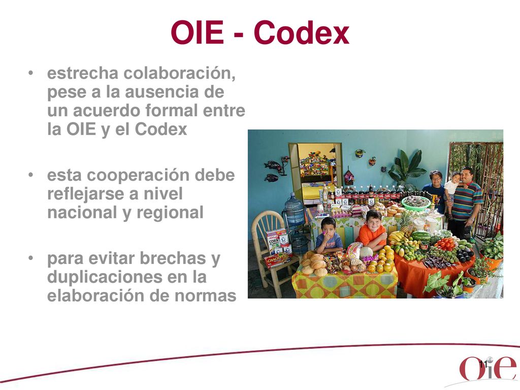 OIE - Codex estrecha colaboración, pese a la ausencia de un acuerdo formal entre la OIE y el Codex.