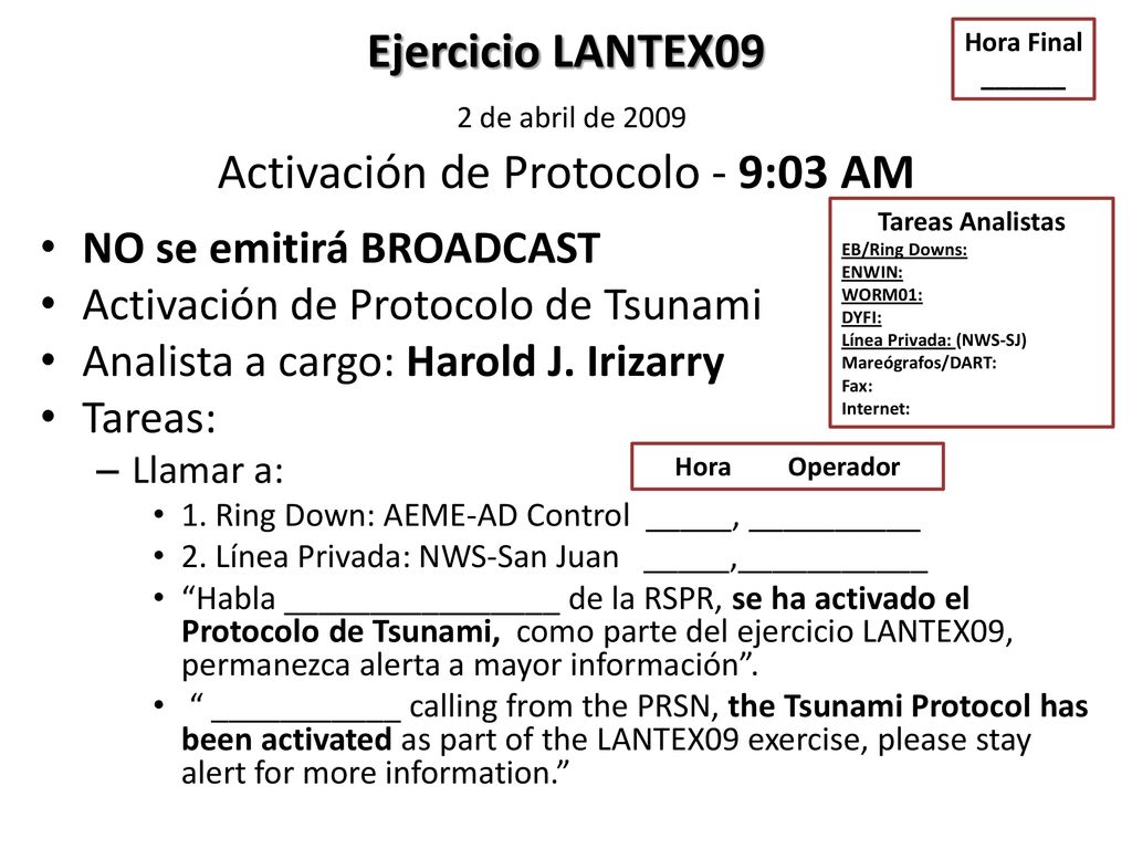 Ejercicio LANTEX09 2 de abril de 2009 Activación de Protocolo - 9:03 AM