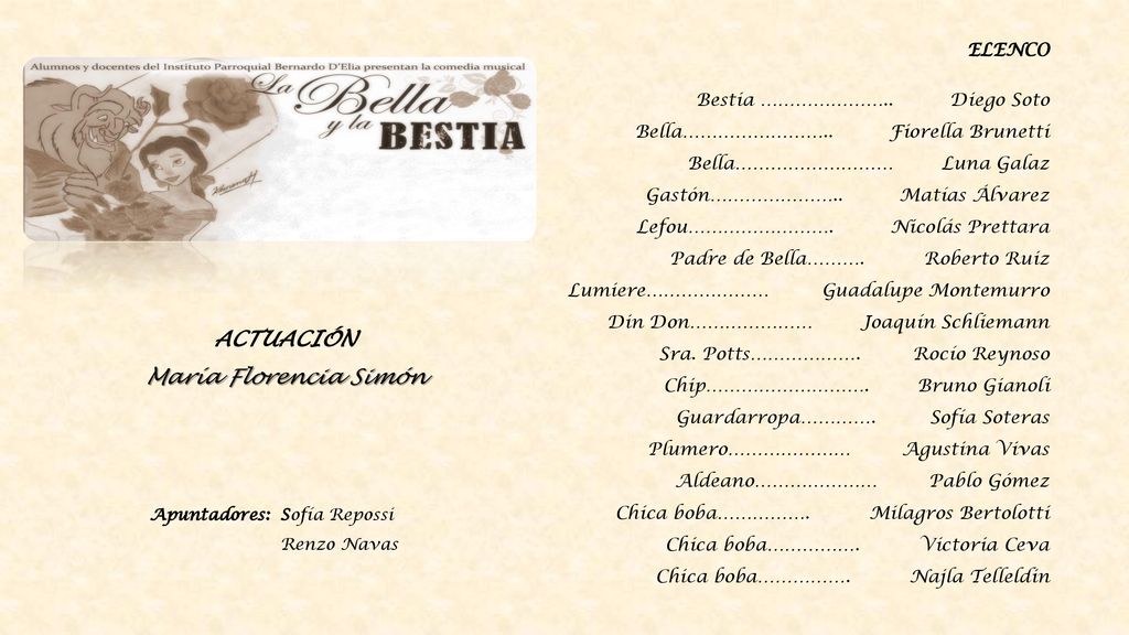 ACTUACIÓN María Florencia Simón ELENCO Bestia ………………….. Diego Soto